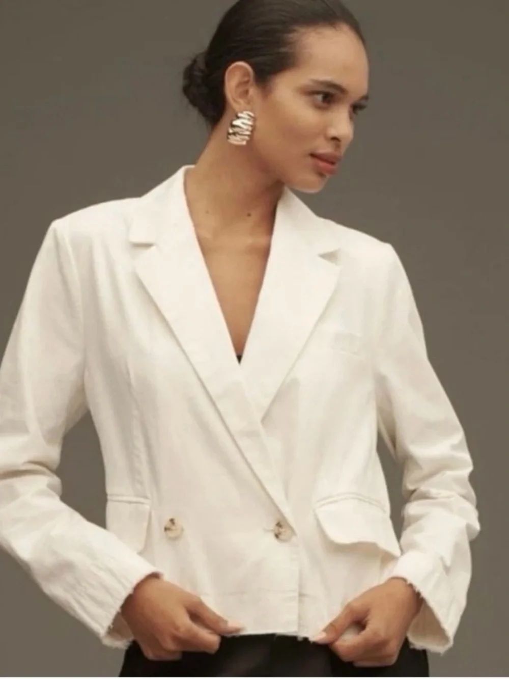 Anthropologie Pilcro Fray Hem Blazer Ivory Double-Breasted Oversize Size Small